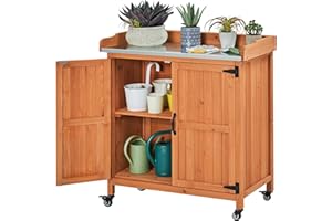 Yaheetech Garden Potting Bench Table - Outdoor Garden Patio Wooden Storage Cabinet & Solid Wood Planting Work Bench with Large Space Storage & Metal-Plated Tabletop, Brown