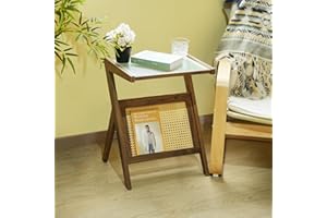 TATOZA Rattan Side Table - Wooden End Table with Glass Top, Perfect Bohemian Style Nightstand for Living Room, Bedroom(Walnut Small)