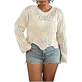 BEAUDRM Women's Plus Size Crochet Hollow Out Crop Sweater Crew Neck Bell Long Sleeve Pullover Knit Tops