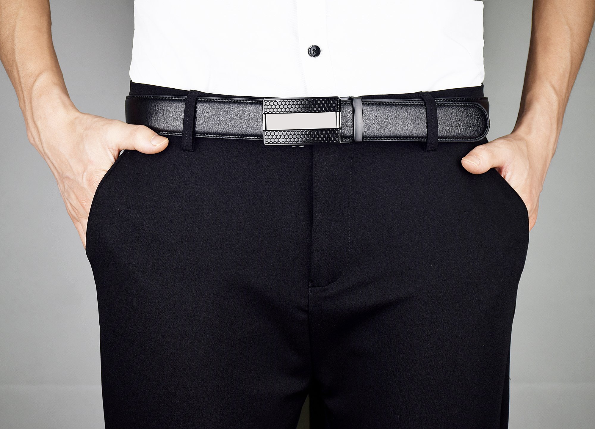 QISHI YUHUA Belt Men\'s Leather Ratchet Belt (Suitable for 20\