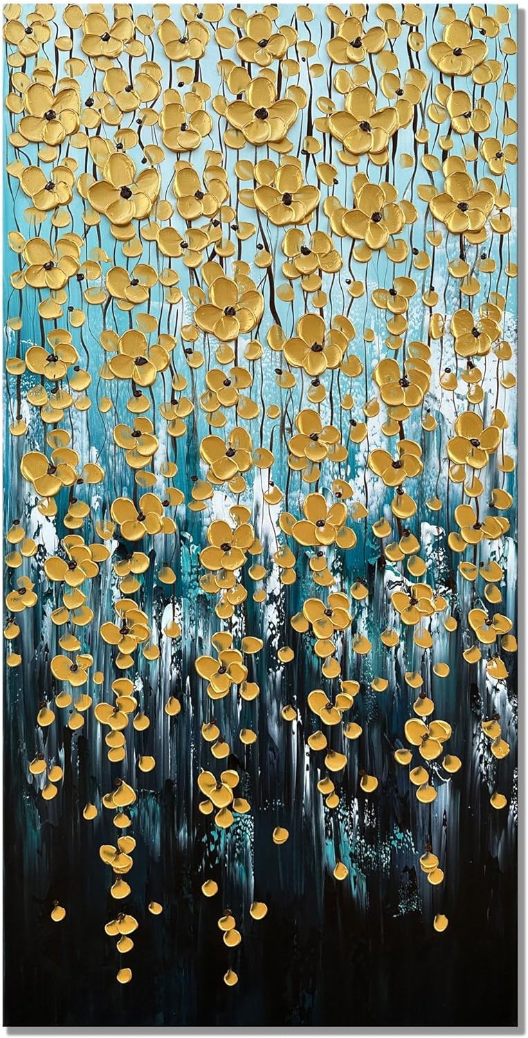 Paintings - zoinart 3D Modern Oil Painting on Canvas 24x48 Inches Hand Painted Abstract Gold Flower Paintings Floral Artwork Texture Vertical Canvas Wall Art Contemporary Art