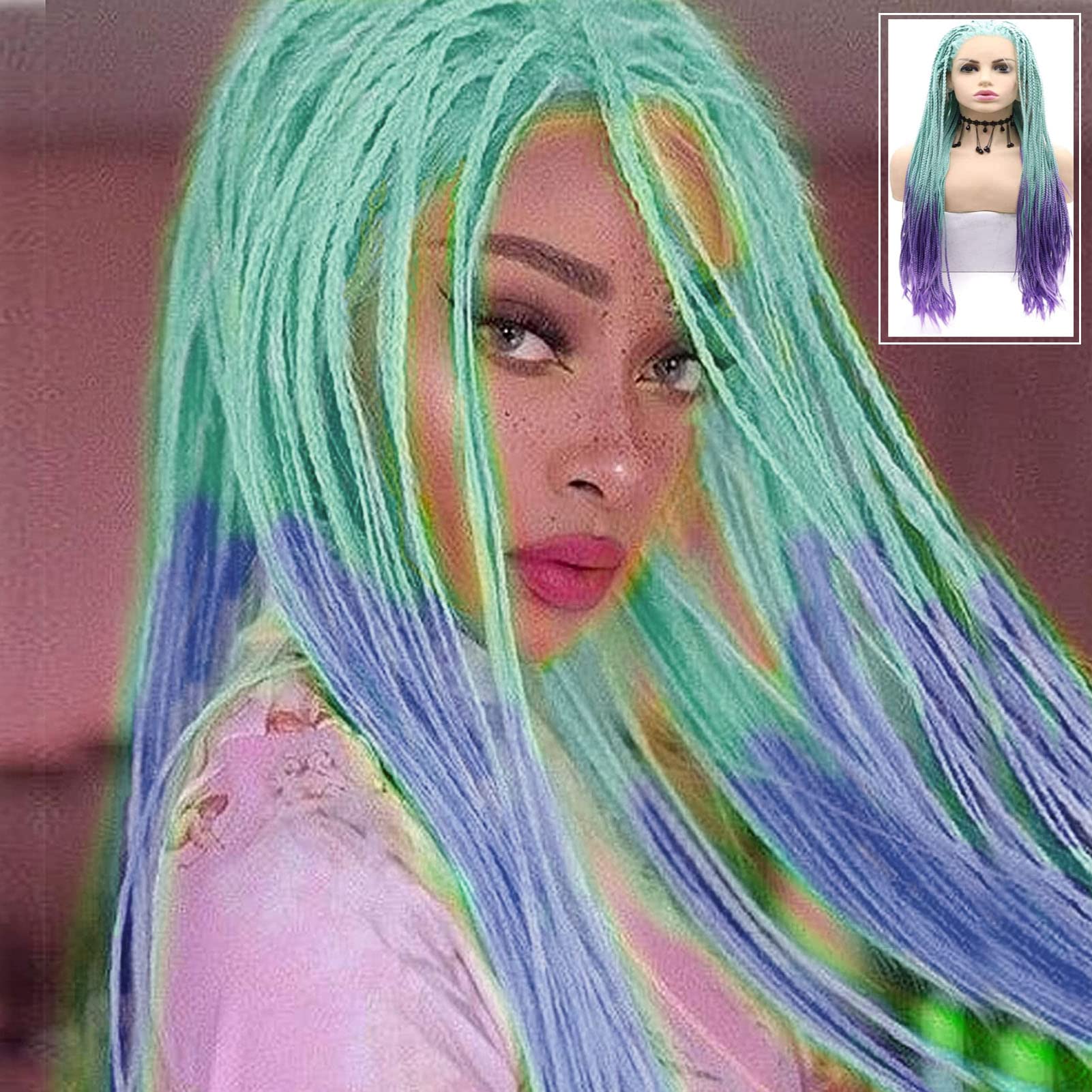 Braided Wigs for Black Women Blue Green Purple Handmade Box Braids Wig Long Ombre Colorful Cornrow Micro Million Braid Wig Realistic Hairline Glueless Synthetic Heat Resistant Hair Makeup Drag 26 Inch