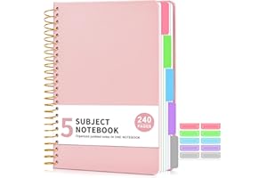 JASLEKO 5 Subject Notebook College Ruled, A5 Hardcover Spiral Notebook with Removable Pocket Dividers Tabs, 240 Pages Lined Spiral Journal Notebook for Women, 6x8.5 Notebooks for Work School Note taking Pink