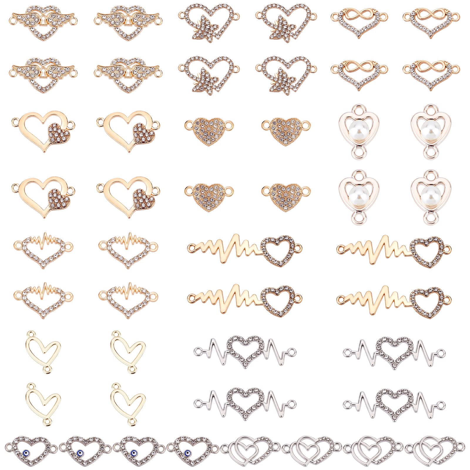 PH PandaHall 12 Styles Heart Charms, 48pcs Rhinestone Connectors Charm Sweet Love Pendants Heart Shape Charms for Wedding Earrings Bracelets Necklaces Jewellery DIY Craft Making Valentine's Day