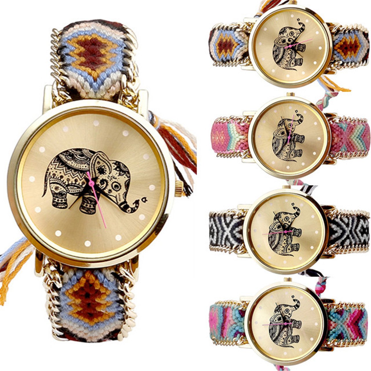 JSDDE 1PC Femmes Motif éléphant Corde Tissé Band Bracelet Quartz Composer Montre Orange