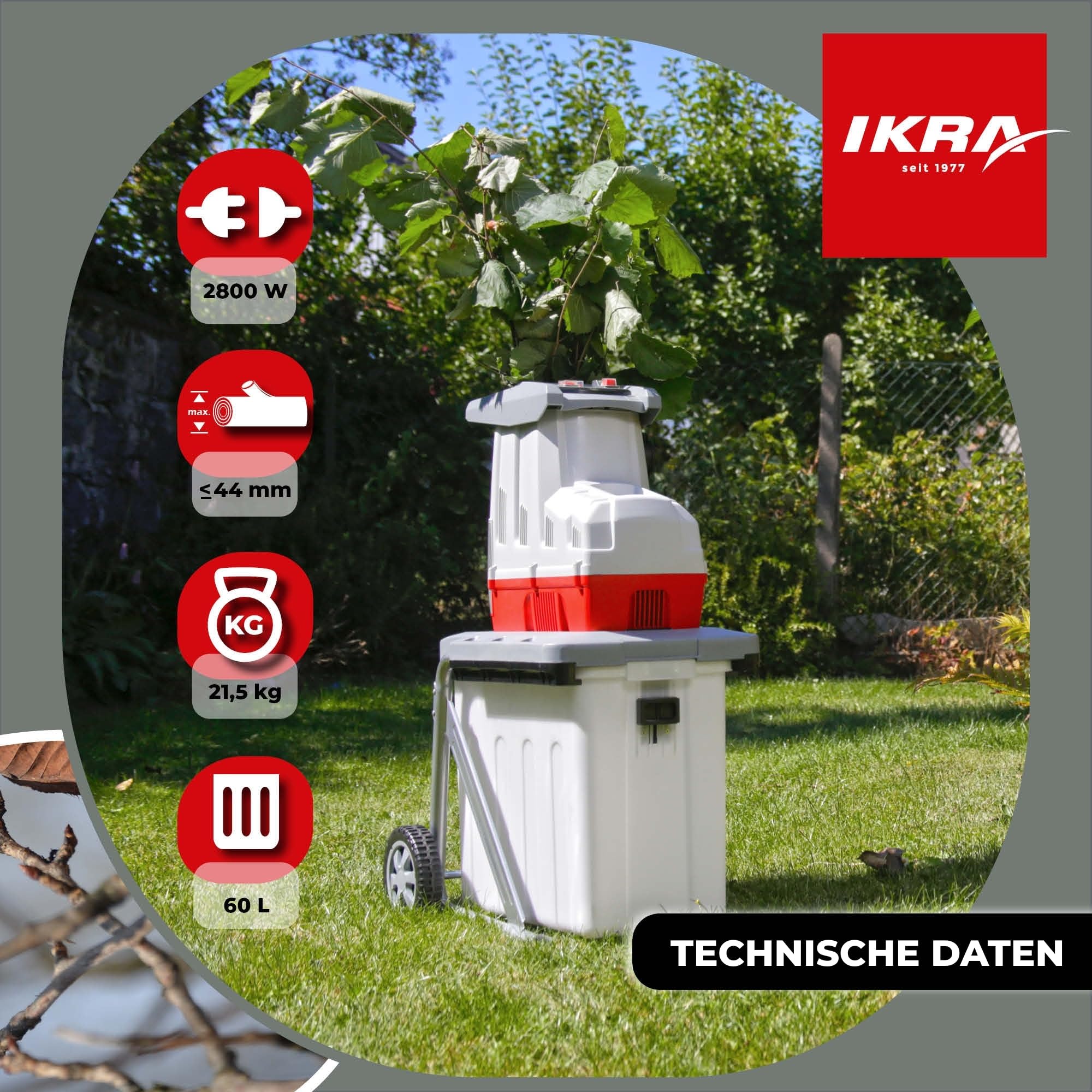 IKRA Elektro Gartenhäcksler Walzenhäcksler ILH 2800, leise robust wartungsarm, 2.800W, Aststärke bis 44mm 6