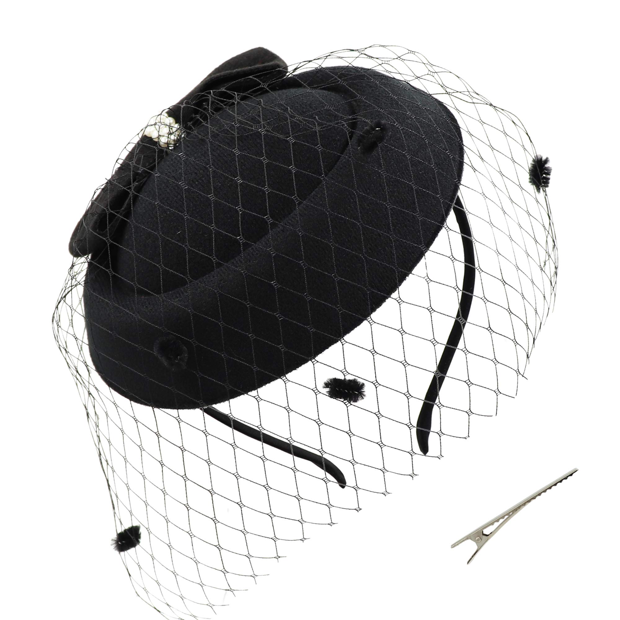 Umeepar Bowknot Pillbox Fascinator Hat Headband for Women Tea Party Wedding Hat with Veil Hair Clip (Black) โ image 1