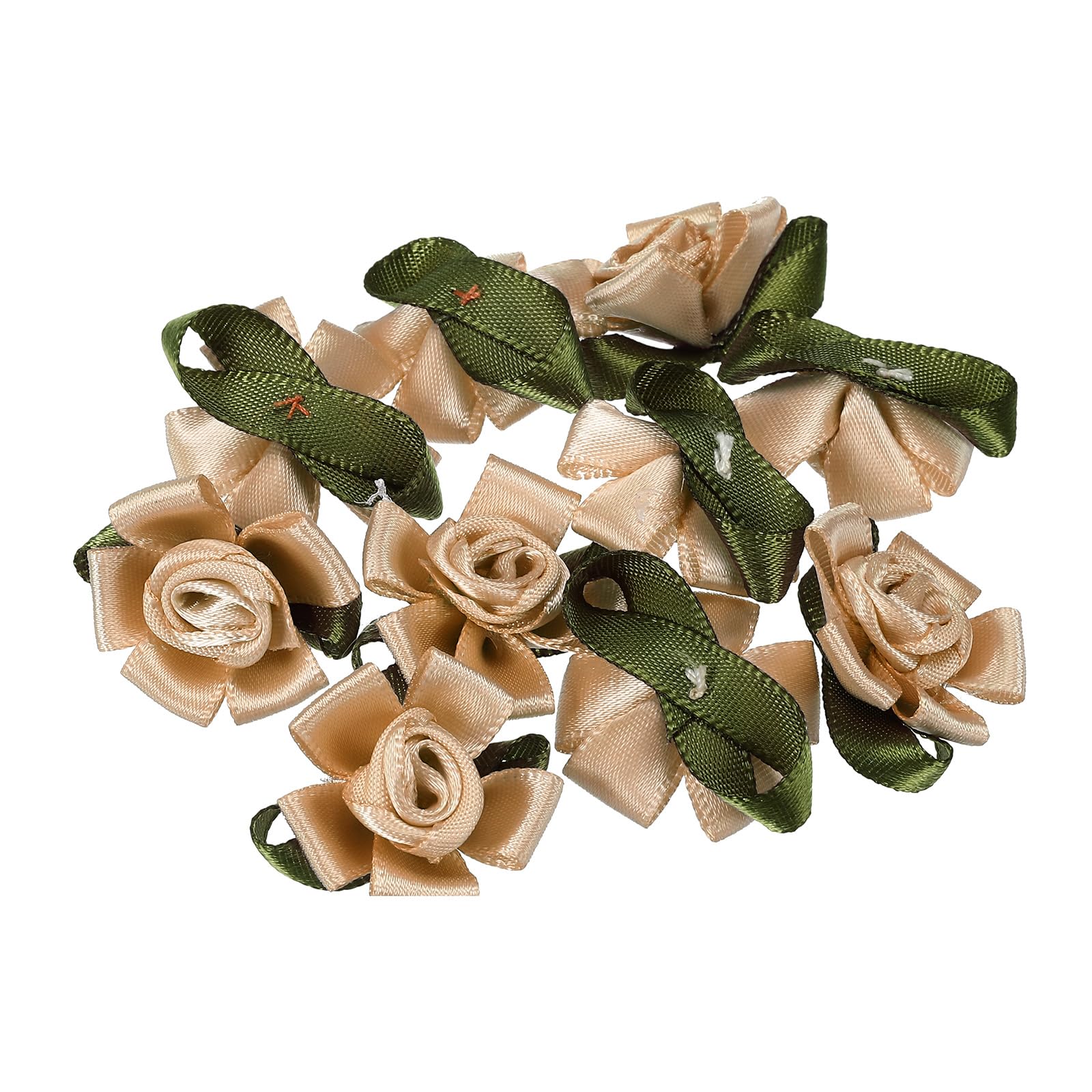 PATIKIL Mini Satin Ribbon Roses, 20 Pcs Small Rosettes Fabric Flowers with Green Leaves for Craft Projects Embellishments Applique, Khaki — image 1