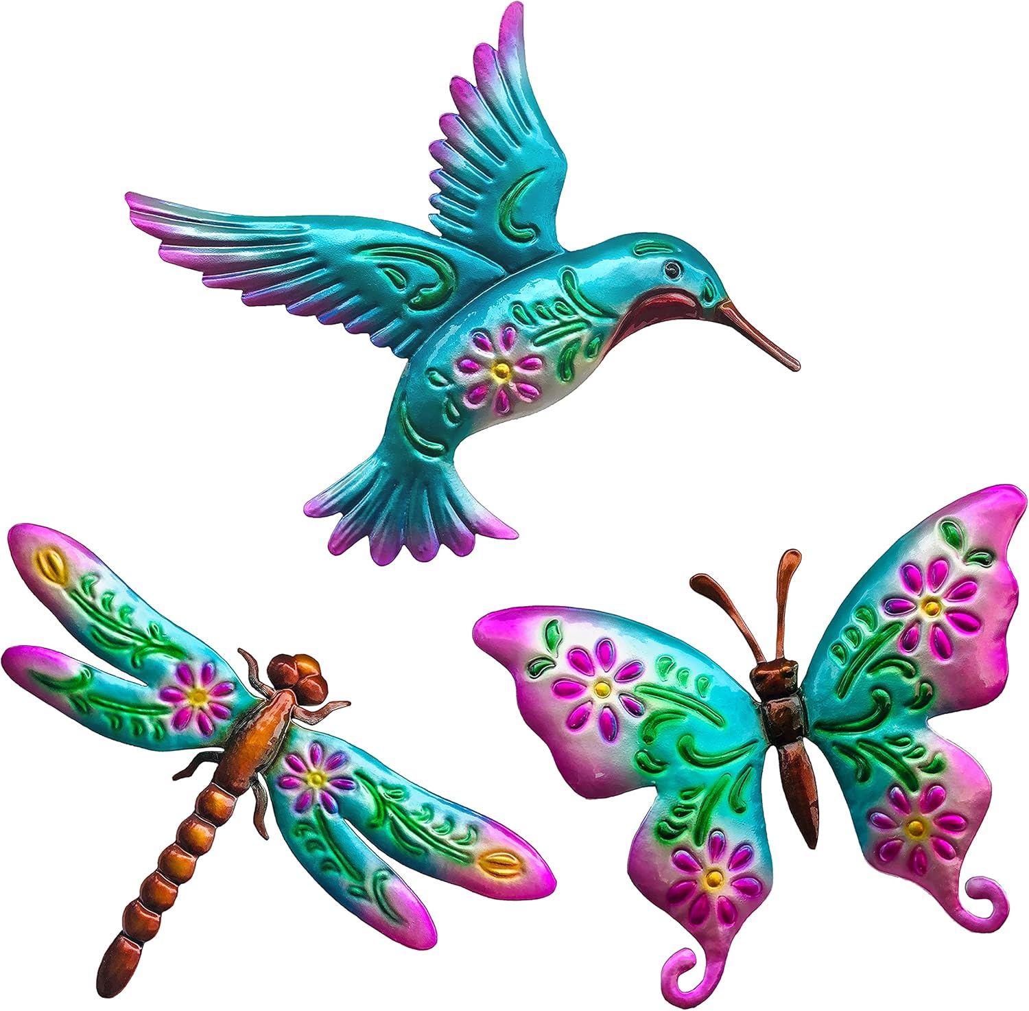 Plaques & Wall Art - WAIU Hummingbird Butterfly Dragonfly Metal Wall Art Decor, Wall Sculpture Decoration Hanging for Home Living Room Bedroom Garden Porch Patio Balcony Ornament for Indoor Outdoor, 3 pack 9 inch Blue