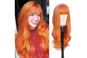 AISI QUEENS Orange Ginger Wig with Bangs Long Wavy Orange Wig for Women Halloween Daphne Cosplay Wig Use Heat Resistant Synthetic (26inch,Orange)