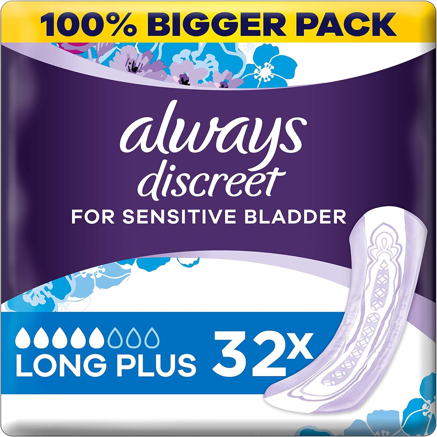 Always Discreet Incontinence Pads for Women, Long, 32 High Absorbency