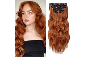 WECAN Clip in Hair Extension 20 Inch Copper Red 6PCS Natural Long Wavy Curly Hairpieces for Women Thick Synthetic Fiber Double Weft Hair Full Head