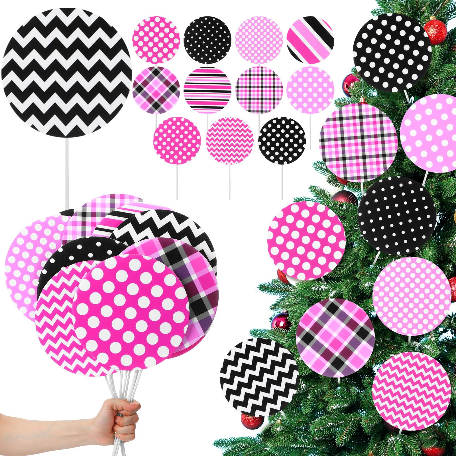 Photo 1 of 12 Pcs 8 Inch Christmas Cartoon Mouse Tree Picks Christmas Decor with Sticks Double Sided Printing Colorful Dot Stripe Ornaments for Xmas Tree Topper Vase Filler Holiday Centerpieces Decor(Cute)