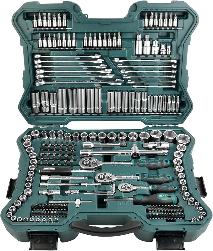 Mannesmann M98430 - Caixa com chaves de encaixe e outras ferramentas (215 peças, tamanho: 12x36x51 cm), Cor Verde Mannesmann