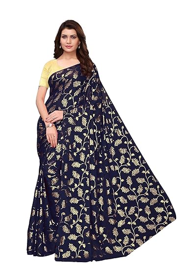 Winza Designer Womens Silk Saree With Blouse (FOIL FLORAL NAVY_Navy Blue)