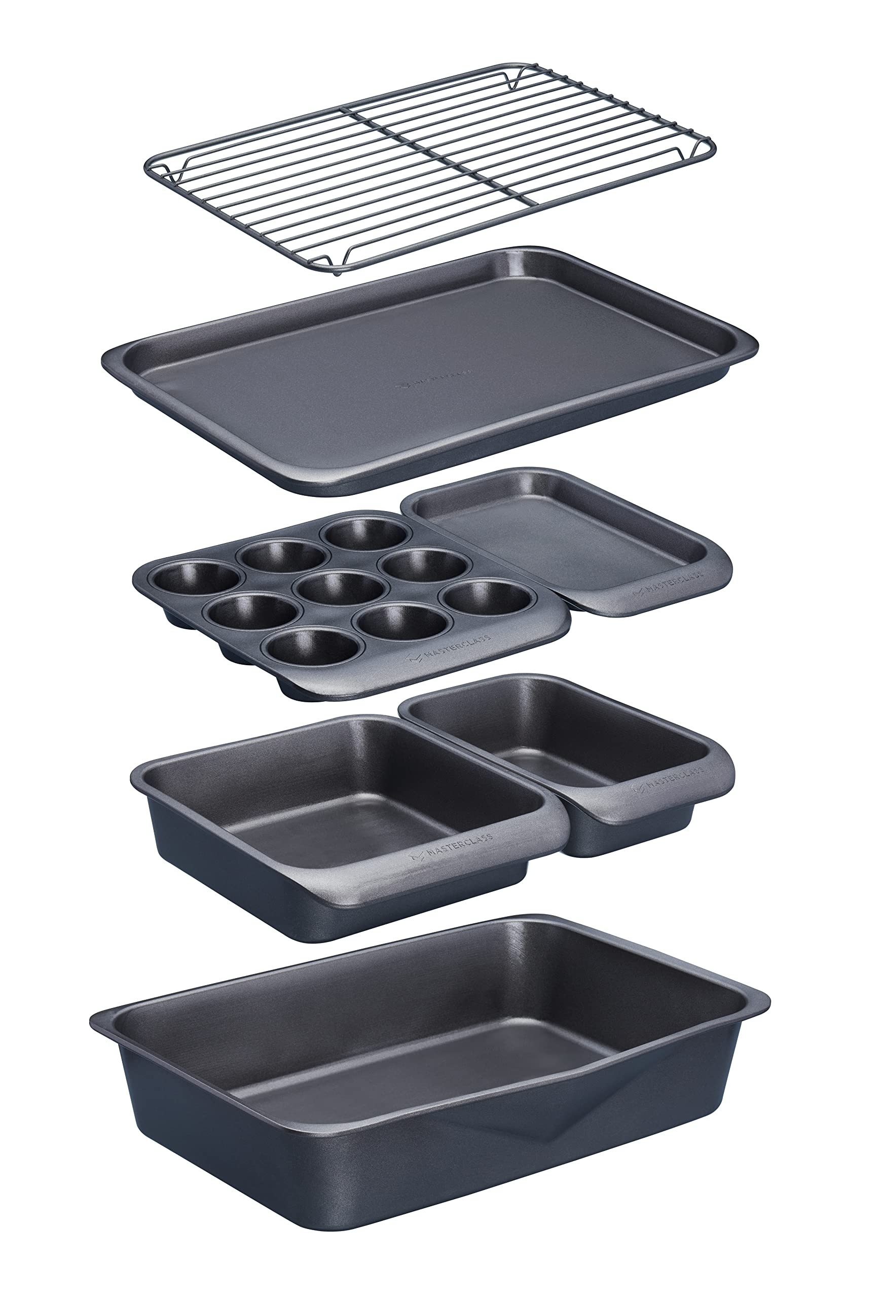 MasterClass Smart Space Stacking PTFE, PFOA and BPA Free Non-Stick Bakeware Set, 7 Piece Baking Trays, Gift Boxed, Grey