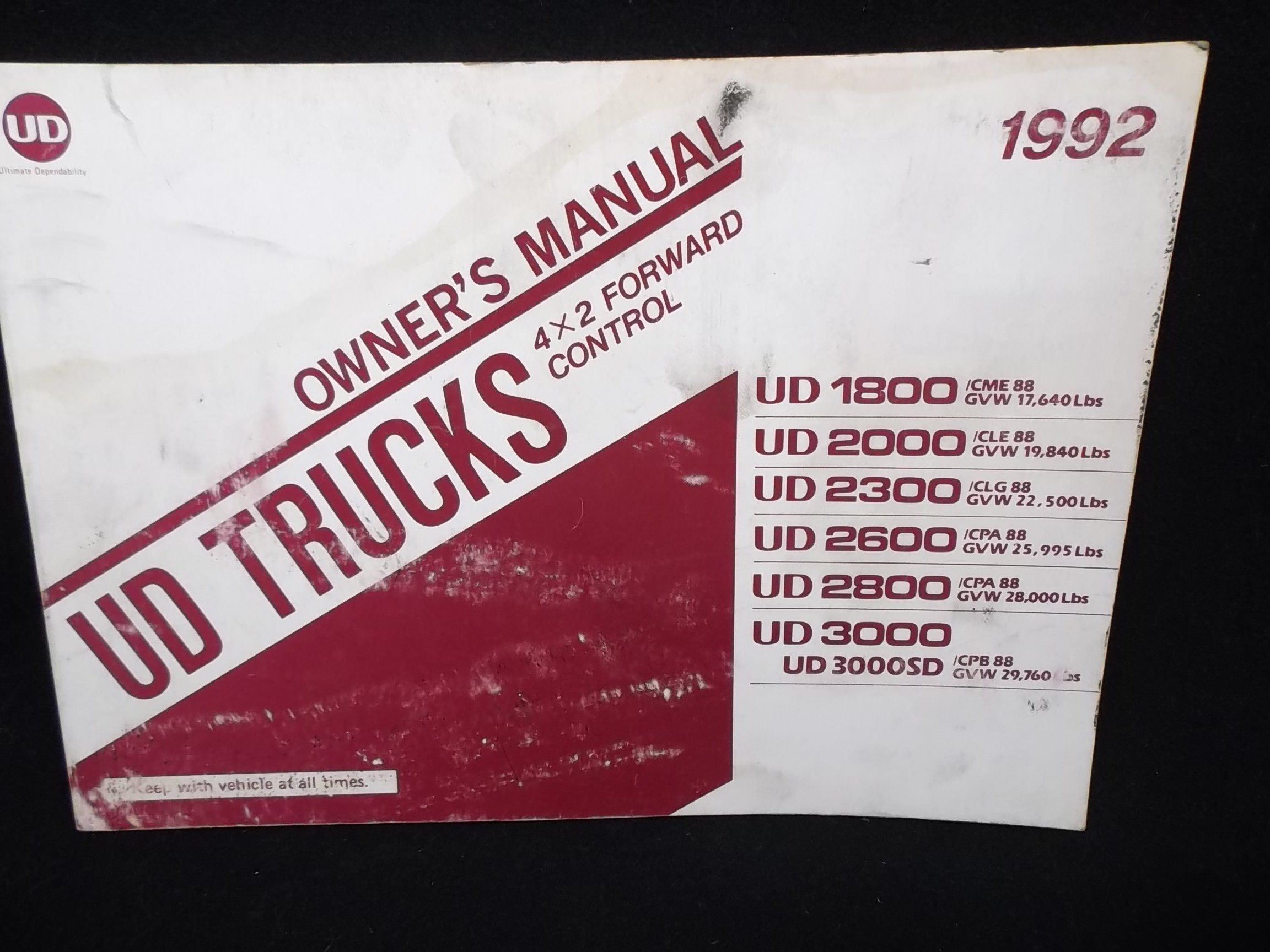 UD Trucks UD1800 UD2000 UD2300 UD2600 UD2800 UD3000 UD3000SD 4X2 Forward  Control Owners Manual Paperback – 1992