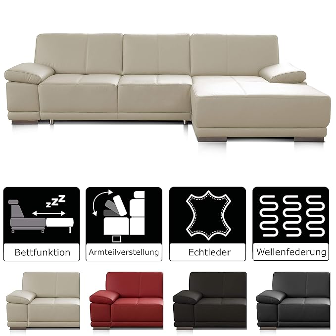 CAVADORE Schlafsofa Corianne mit Longchair rechts / Ledercouch in modernem Design / Inkl. beidseitiger Armteilverstellung / 2