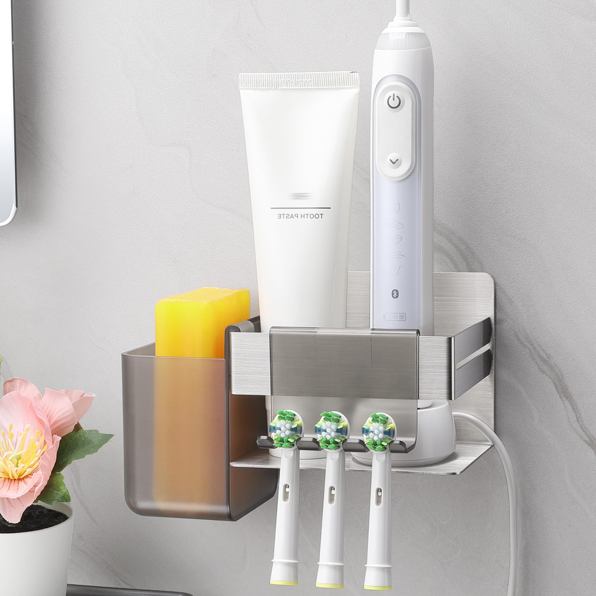 ALOCEO Electric Toothbrush Holder Wall Mounted, Stainless Steel Toothbrush Holders for Bathroom with 2 Hanging Hooks, Silver