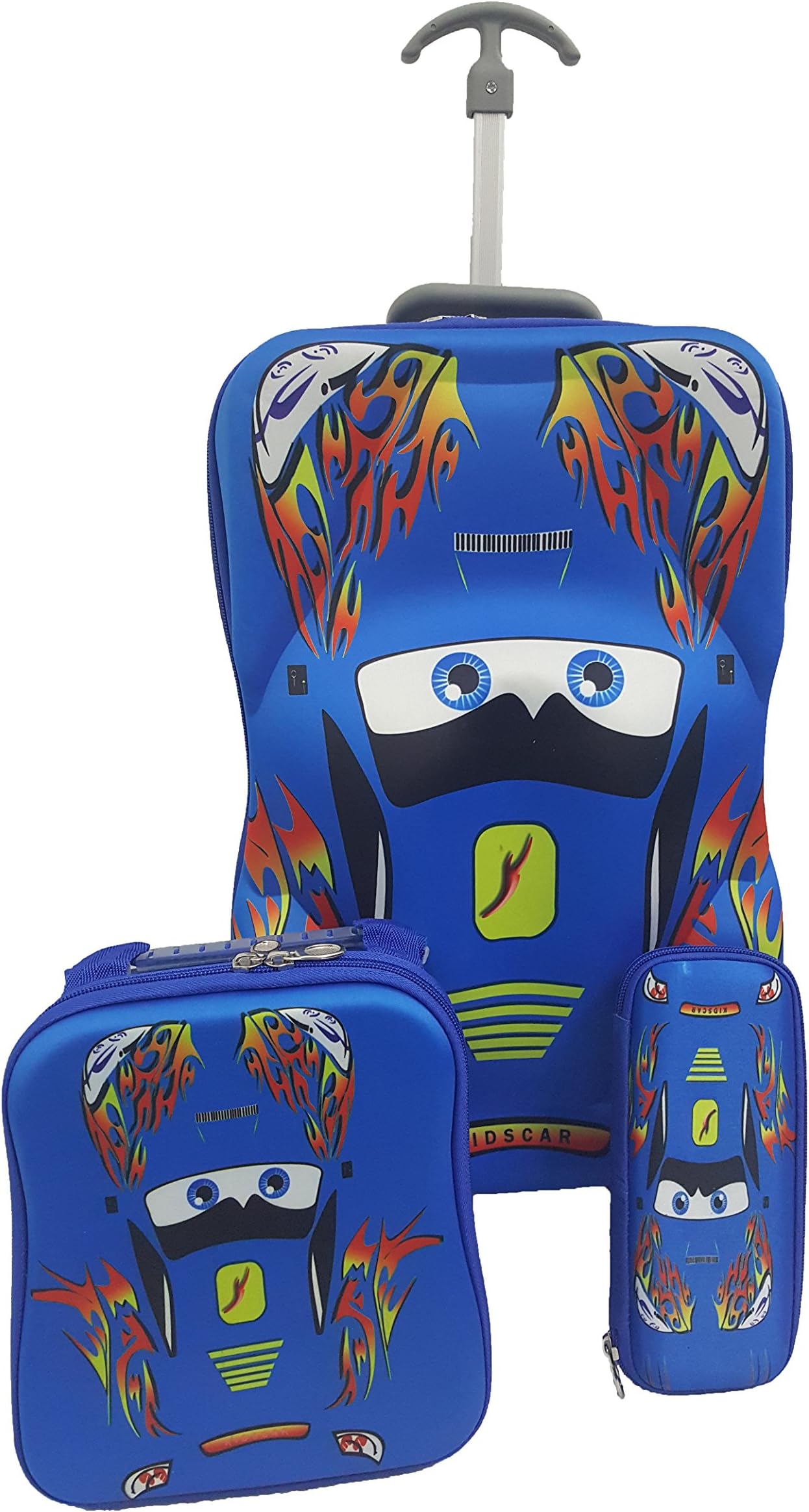 Kids Blue Car 3D 3 Piece Luggage Trolley Wheel Set Cabin Suitcase Travel