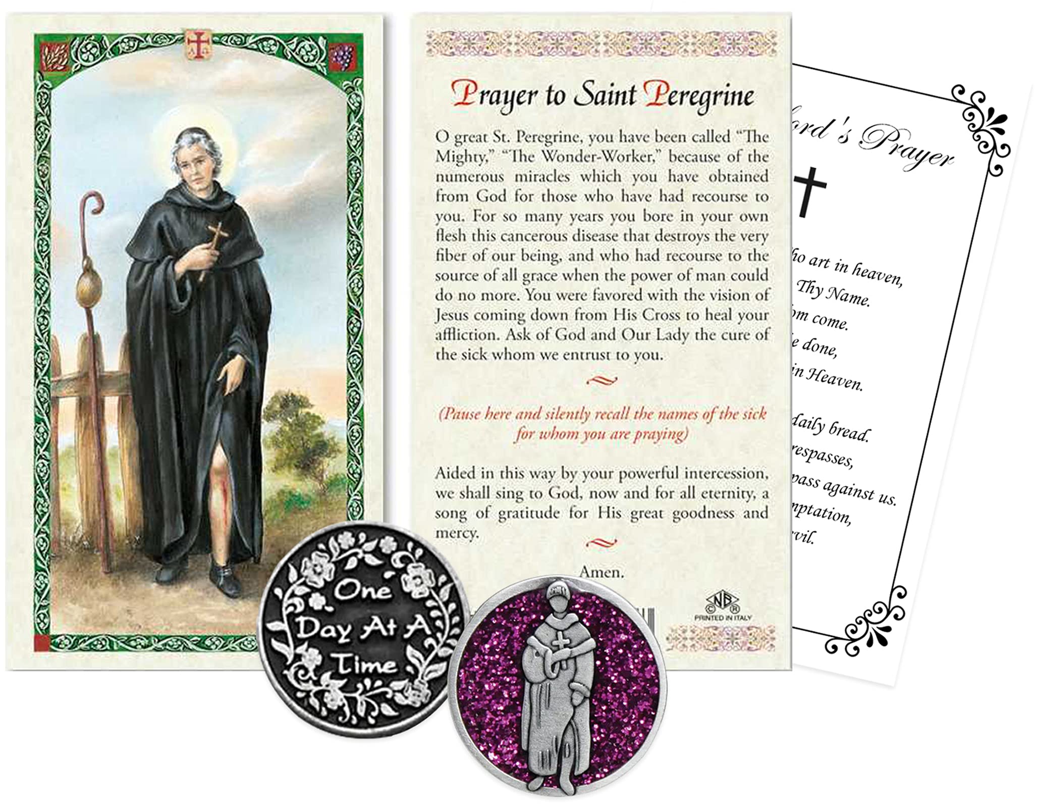 Laminated St Peregrine Prayer Card with Saint Peregrine Pocket Token, One Day At A Time Coin, The Lord's Prayer | Catholic Holy Patron Saint of Cancer Patients Themed Inspirational Set | 4 Items