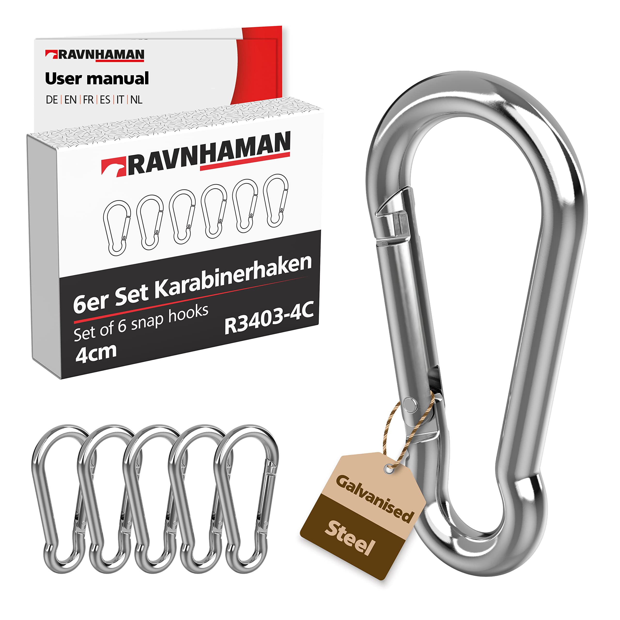 RAVN HAMAN Set of 6 Carabiner hooks 4 x 40 mm - Carabiner clips with snap lock with a load capacity of up to 40 kg - Snap hooks for key rings, backpacks, hanging baskets, etc. - Galvanised steel