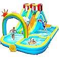 WELLFUNTIME Inflatable Water Double Slides Park with Blower, Bouncy Castle with Rainbow Water Curtain, with Shooting and Rock Climbing