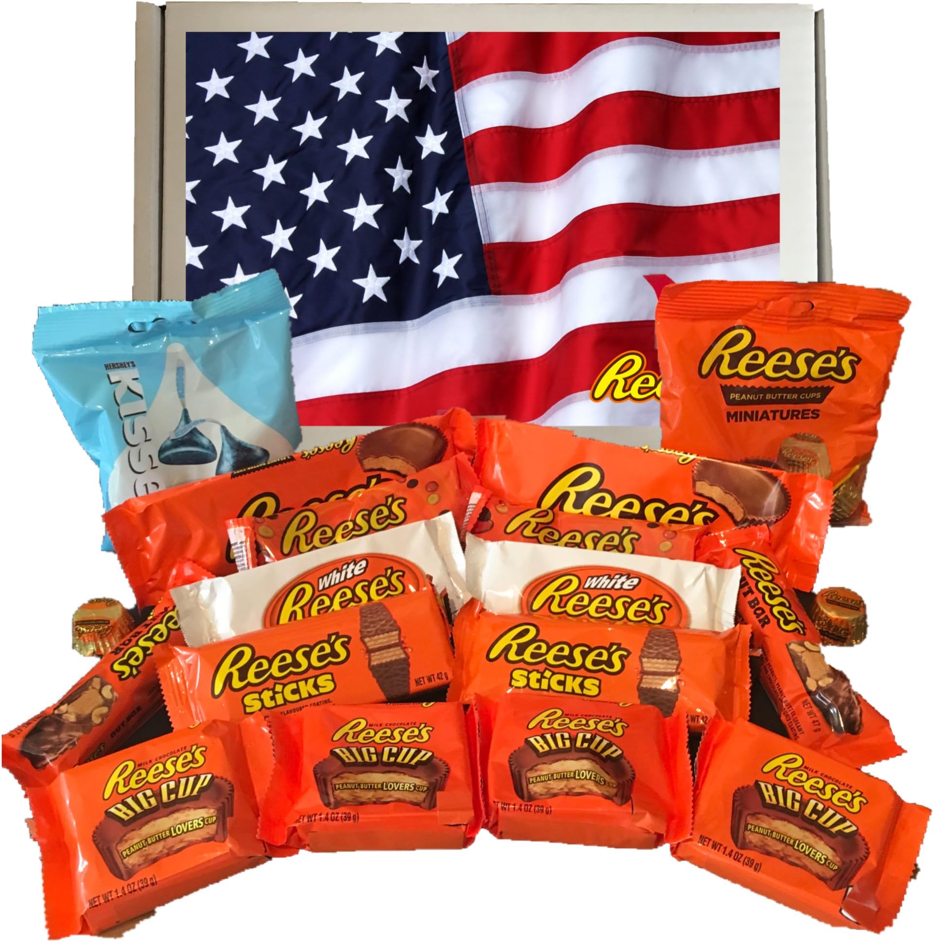 18 pc Reese's Hamper Box pack of Hersheys kisses mini cups nut bars pieces big cups mega box full of peanut butter