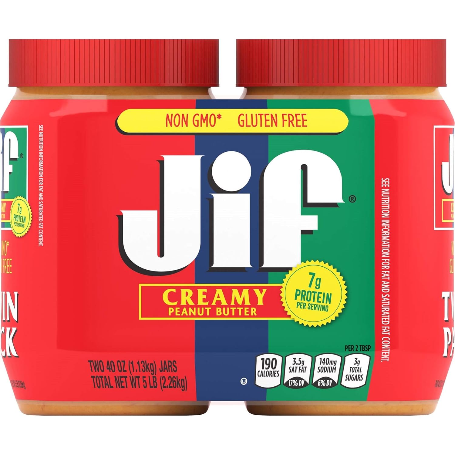 Amazon Com Jif Creamy Peanut Butter 40 Ounces Pack Of 2 7g 7 Dv Of Protein Per Serving Smooth Creamy Texture No Stir Peanut Butter Grocery Gourmet Food