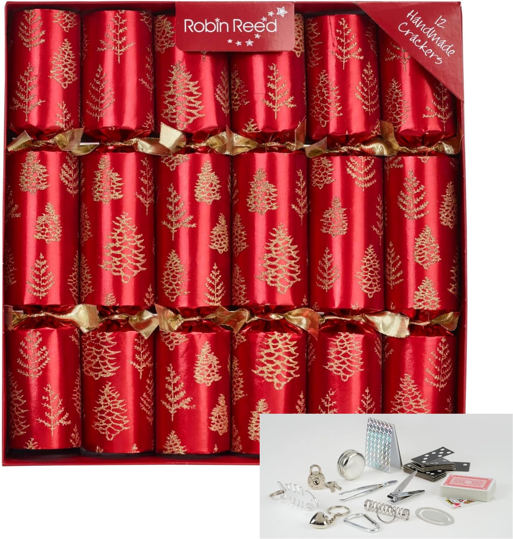 Robin Reed Tree Flakes Red Christmas Crackers, Handmade Holiday Party Favors with Gold Trees, Traditional Gifts and Jokes, 12 Pack