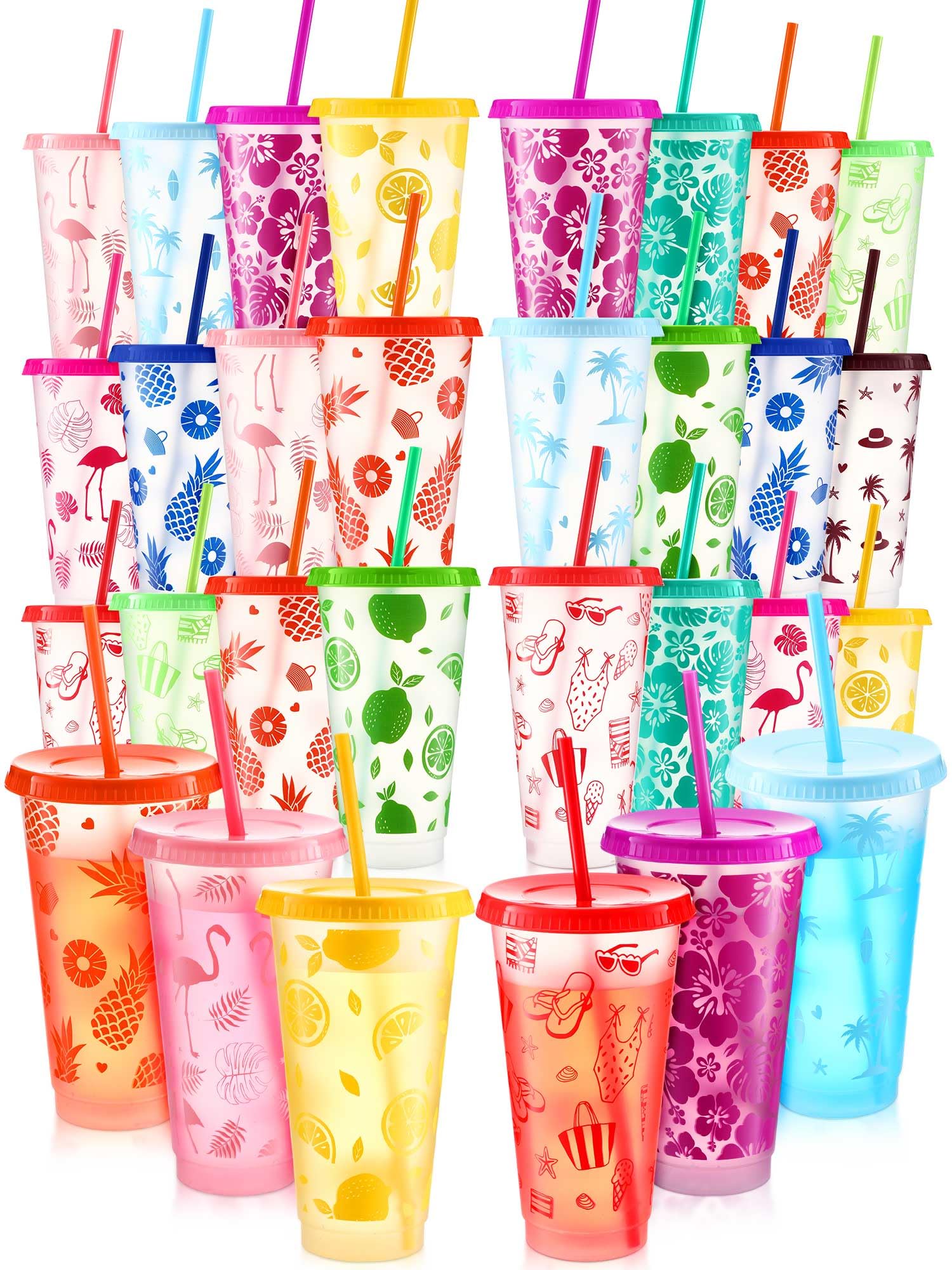 Photo 1 of Cholemy 24 Pcs 24 oz Hawaiian Plastic Cups Bulk Luau Tumblers with Straw and Lid 12 Design Reusable Summer Travel Cups for Hawaiia Party Favors Luau Party Supplies