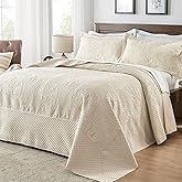 Qucover Oversized King Bedspread 132x 120, Extra Wide Alaska King Bedspread, 3 Piece Soft Microfiber Lightweight Oversized King Quilts Set, Vintage Persian Pattern, with Pillow Shams, Beige