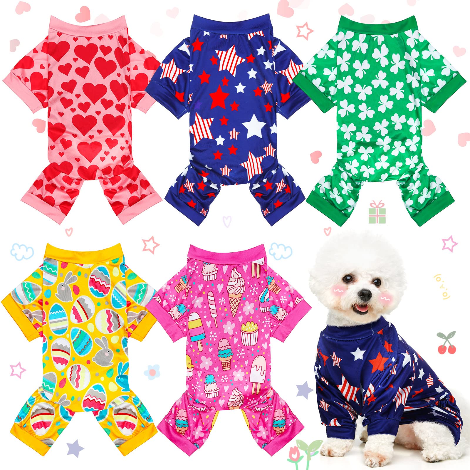 Photo 1 of *** 4 PIECES *** 5 Pieces Holiday Dog Christmas Pajamas Holiday Dog Jumpsuit Puppy Valentine Pajamas Apparel for Small Cat Christmas Valentine Cosplay(L(fit 7.7-9.9lbs),Classic Style)