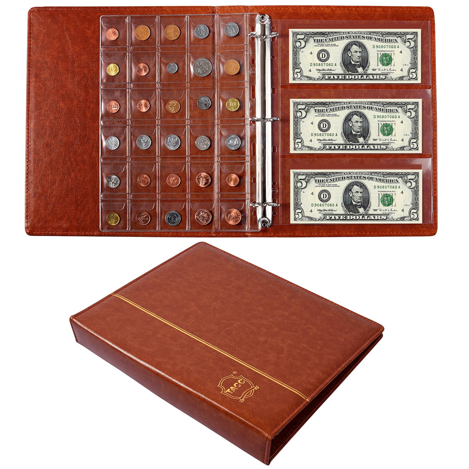 Ettonsun Leather 120 Pockets Coin Collecting Holder Album,24 Pockets Paper Money Currency Collection Supplies Holders,Large Storage Book for Collectors,Bill Commemorative