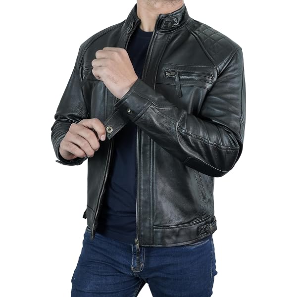 STOREJEES Mens Leather Jacket - Real Lambskin Moto Style Leather