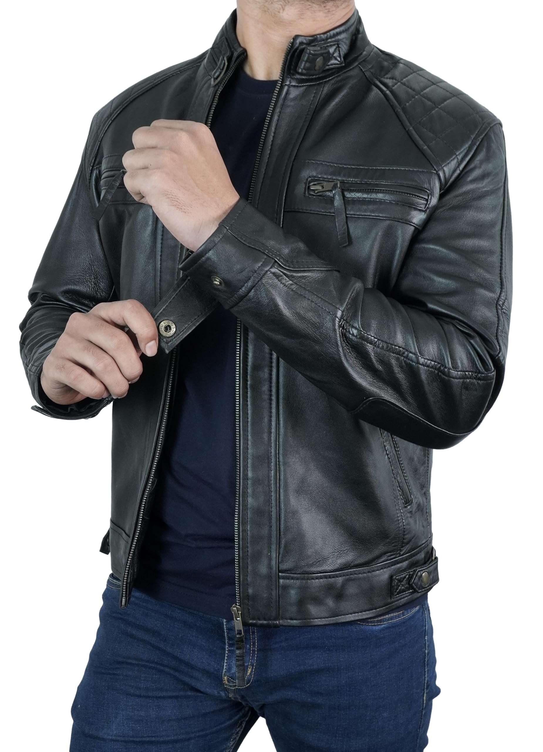 Photo 1 of STOREJEES Mens Real Leather Jacket | Diamond Black - 4XL