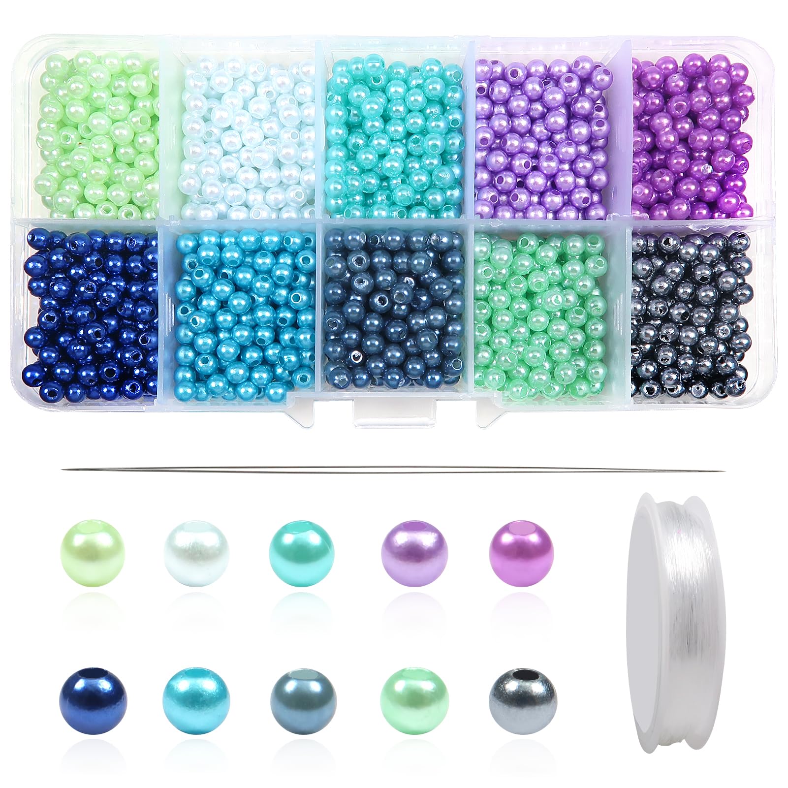 Toaob 1000 Pieces 4 mm Glass Beads Round Jewellery Beads Assorted Artificial Pearls Multicoloured Glass Beads Craft Beads with Elastic Jewellery Thread for Jewellery Making