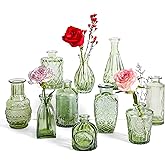 PURVONNIE Vintage Small Glass Vases Set of 10,Mini Bud Vases for Flowers,Amber Glass Vases for Centerpieces,Wedding Decorations,Home Table Flower Decor (Hunt Green)