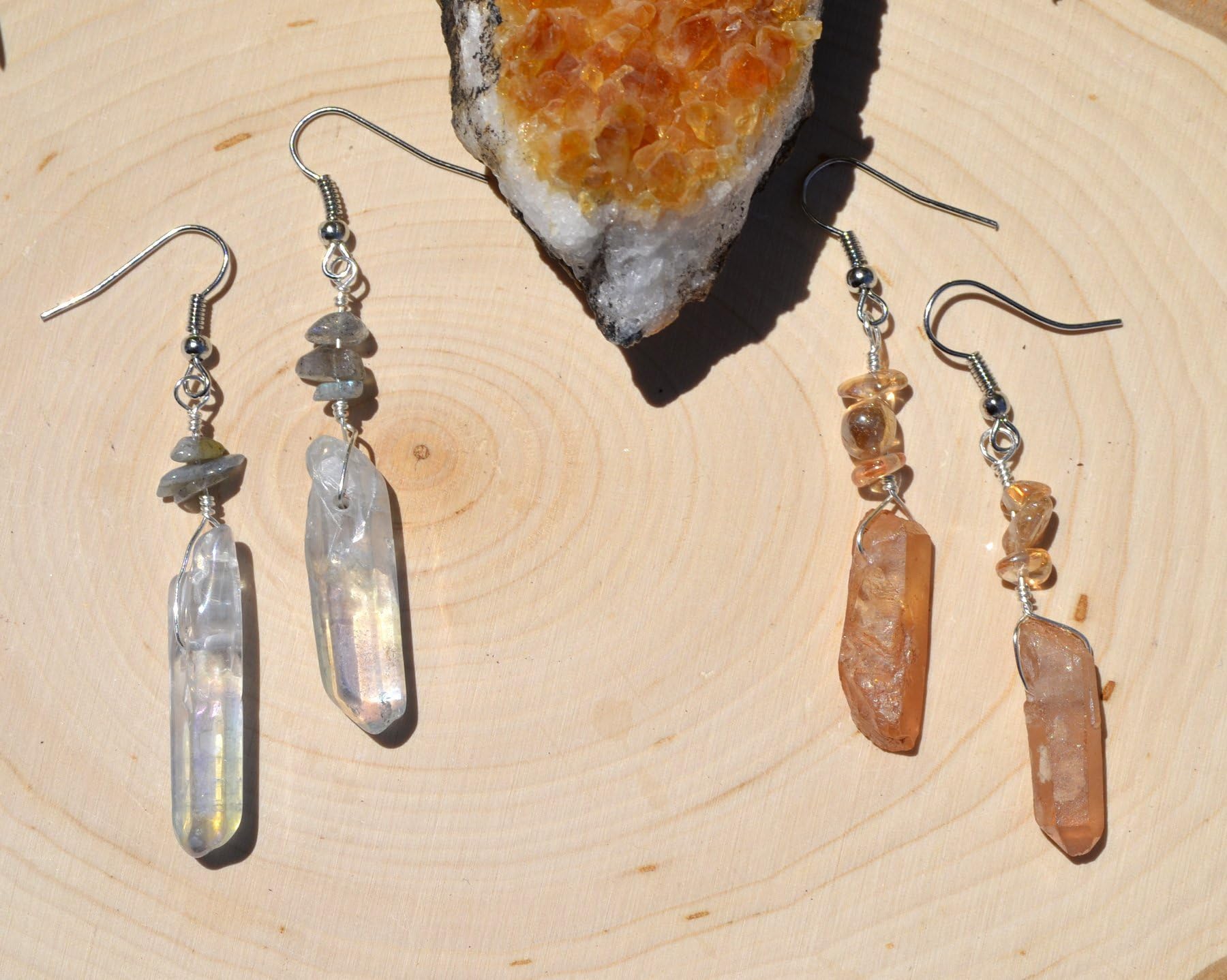 Aura crystal point dangle earrings with champagne and angel aura quartz