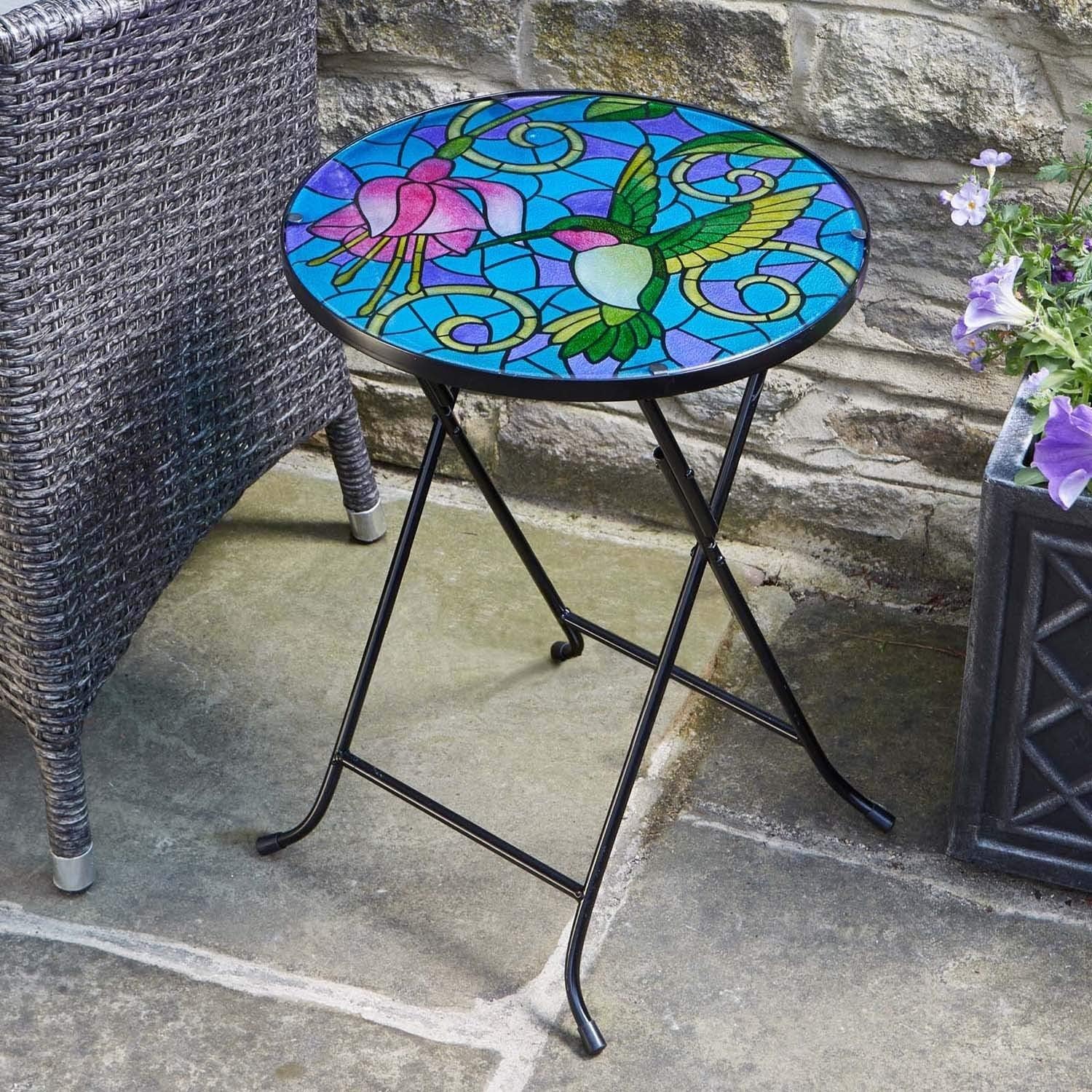 Small Folding Garden Table Glass Hand Painted Hummingbird Circular Foldable Coffee Table for Living Rooms Bistro Patio Tables Glass Top Garden Tables Fold Up Indoor & Outdoor Tables - Image 3
