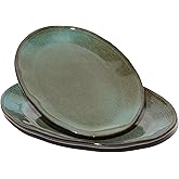 Pokini Stoneware Serving Platters, Oval 13.18/11.92 inch Serving Dishes for Entertaining, Ceramic Serving Trays for Party, Fruit, Turkey, Cheese, Trays for Serving Food, Microwave Safe, Brown Green