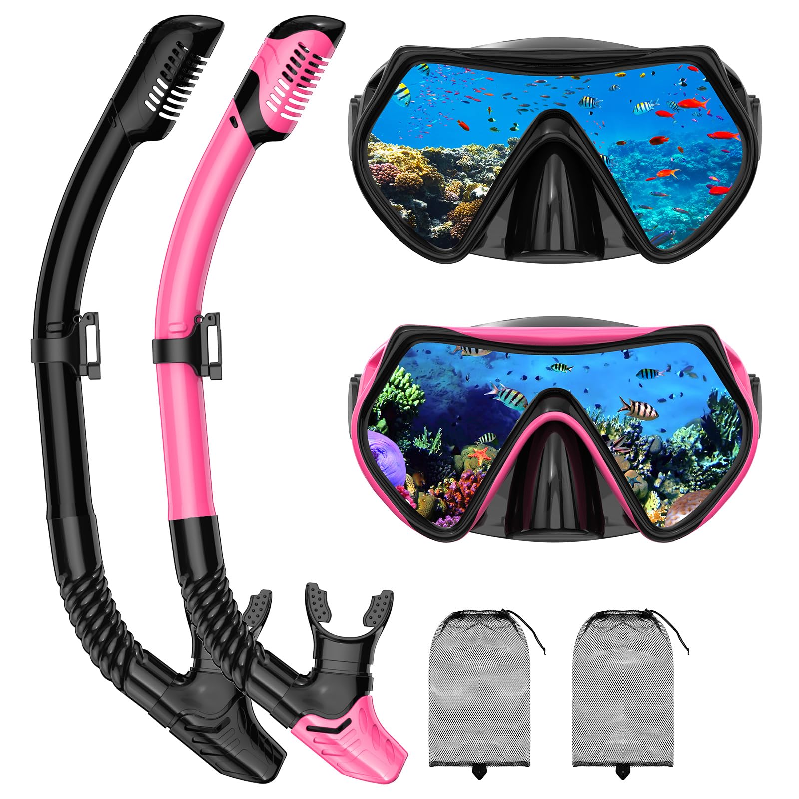 Photo 1 of Snorkeling Gear for Adults, Adult Snorkel Mask Set Scuba Diving Dry-Top, Swimming Goggles w/Nose Cover, HD Tempered Glass Panoramic Anti-Leak Anti-Fog, Travel Snorkeling Packages Storage Bag, 2 Pack