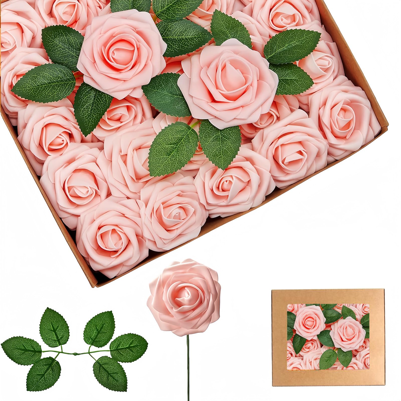 25Pcs Blush Pink Artificial Roses, Real Touch Foam Roses with Stems, 4 Leaves, Artificial Flowers for Wedding, Bridal Bouquets, Cake, Grave Stone, Table Centerpieces, Baby Shower, Funeral Decoration