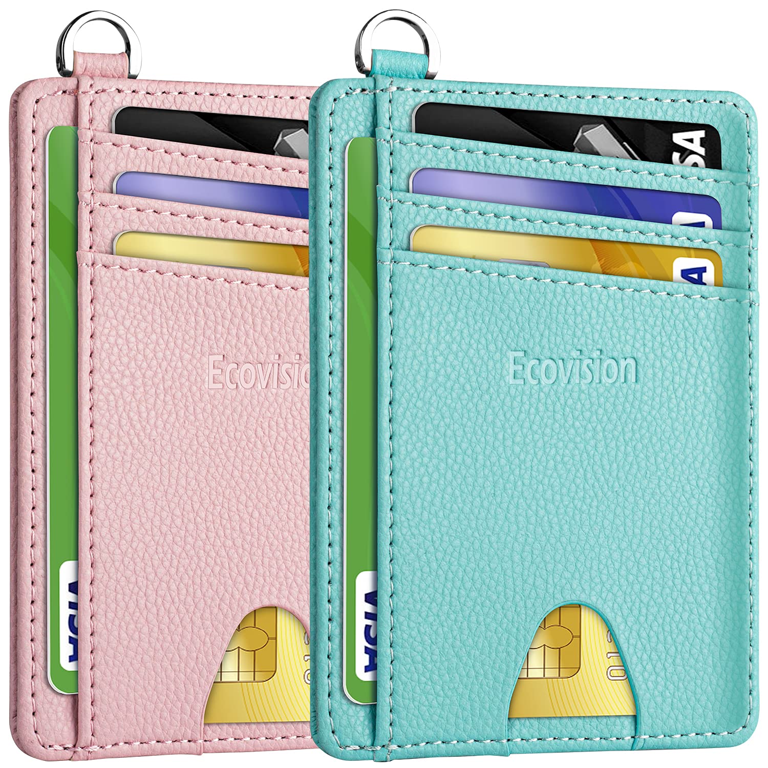 EcoVision Slim Minimalist Front Pocket Wallet, RFID Blocking Credit Card Holder Wallet with Detachable D-Shackle for Men Women, Litchi Pink & Ocean Blue, S, Minimalist