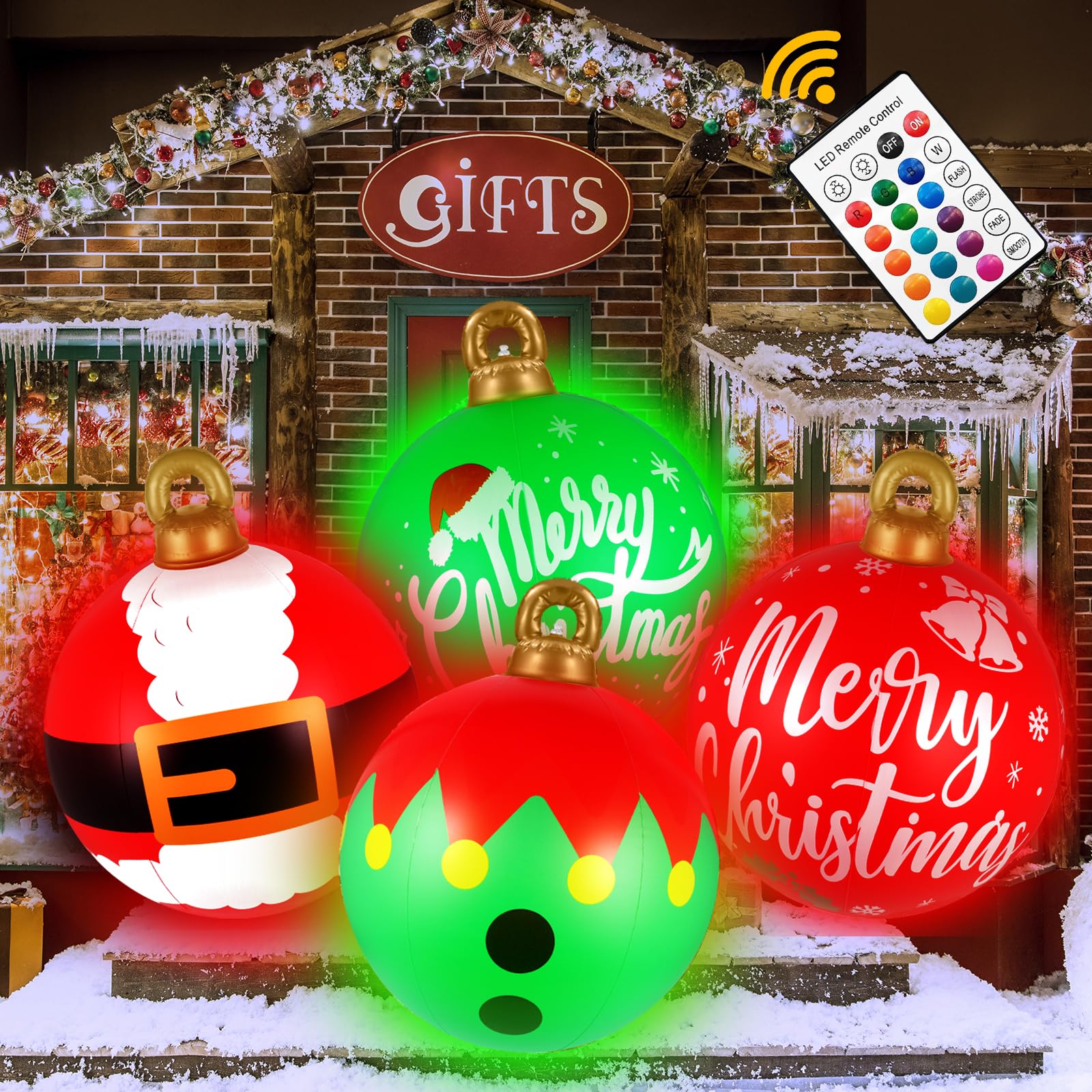 Photo 1 of [] Inflatable Ornaments Balls Outdoor 4Pcs: Flashes in Red | Green | Blue and Timer, 24 Inch Giant Christmas Inflatable Ornaments, Reusable PVC - Blow Up Ornament Balls for Yard, Porch, Party
