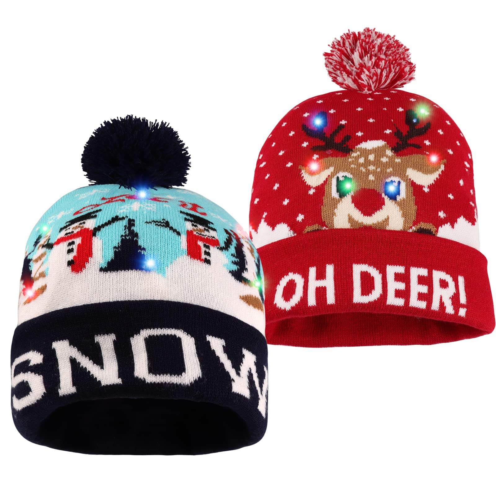 JOKBEN 2PCS LED Christmas Hats, LED Light Up Christmas Hat, Light Up Knitted Santa Hat, Light Up Xmas Hat - Christmas Hats New Year Party Hats for Kids, Adults