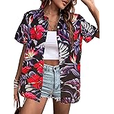 Hawaiian Button Up Shirts Women Floral Palm Trees Graphic Tees Hawaii Vacation Beach Short Sleeve Blouse Tops