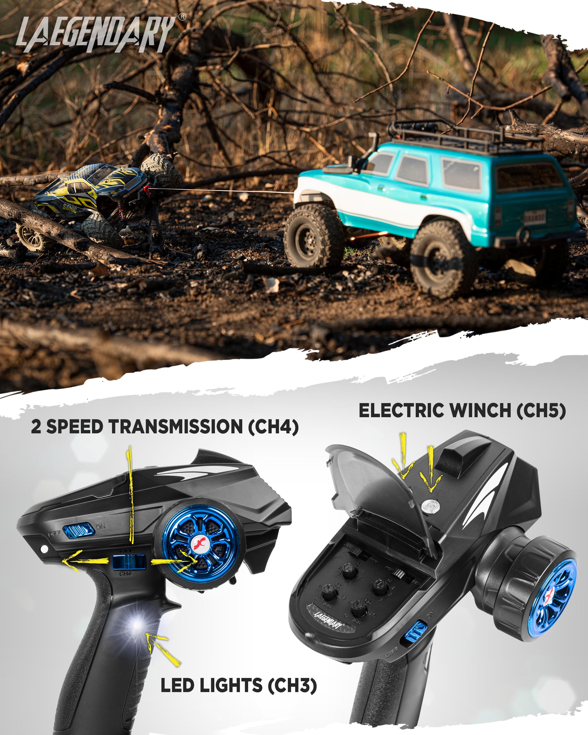 LAEGENDARY RC Crawler - 4x4 Offroad RC Truck for Adults - Fast Speed, Electric, Hobby Grade - 1:10 Scale, Brushed, Blue - Green