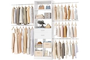 Besiost Closet System, 4-8 FT Closet Organizer Tower with 2 Wooden Drawers and Shelves, Can Fit 60 to 96 inch Walk-in Closet System with 5 Hanging Rods, Built-in, White