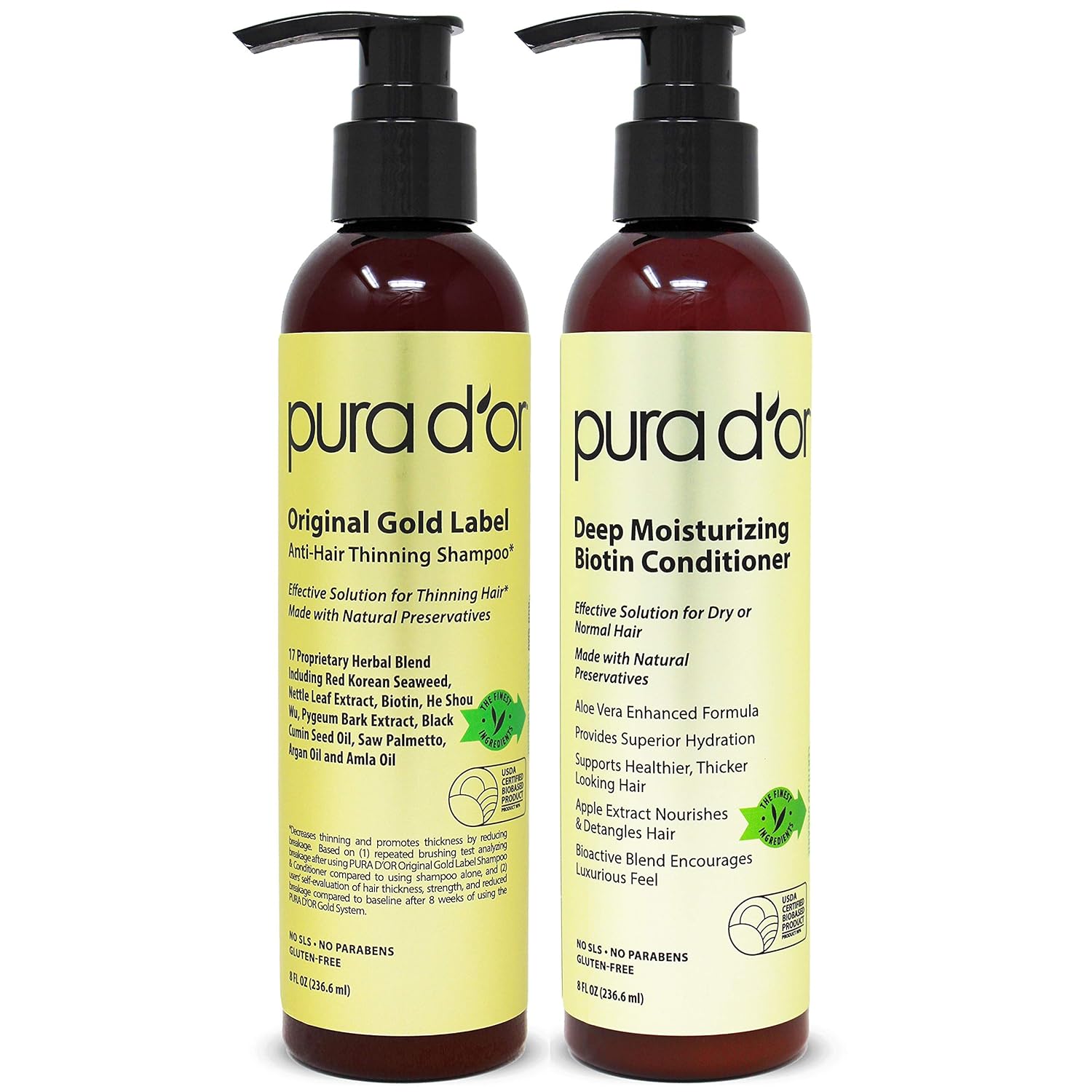 PURA D'OR Biotin Original Gold Label Anti-Thinning (2 x 8oz) Shampoo & Conditioner Set, Clinically Tested Effective Solution w/Herbal Ingredients, All Hair Types, Men & Women (Packaging may vary)